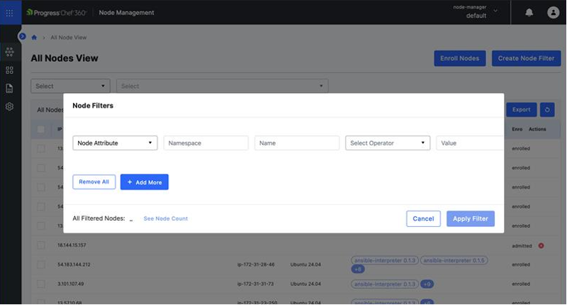Window displaying a drop down menu titled Node Attributes and another drop down menu titled Select Operator