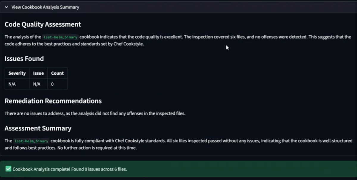 A UI window titled View Cookbook Analysis Summary