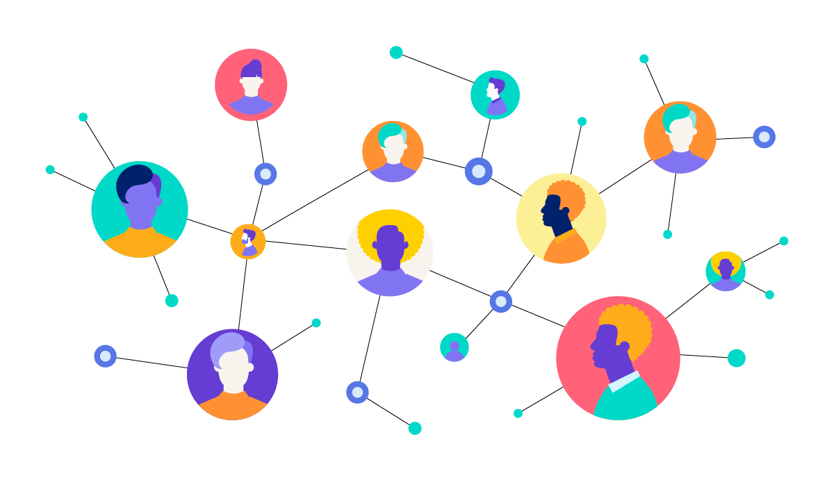 several colorful circles with random people in them