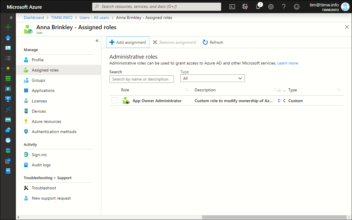 Figure 4. Assigning the custom role to an Azure AD server