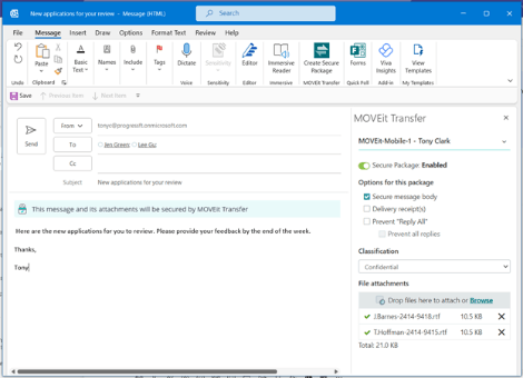 Image of Outlook Add-in interface for sharing and securing sensitive files.