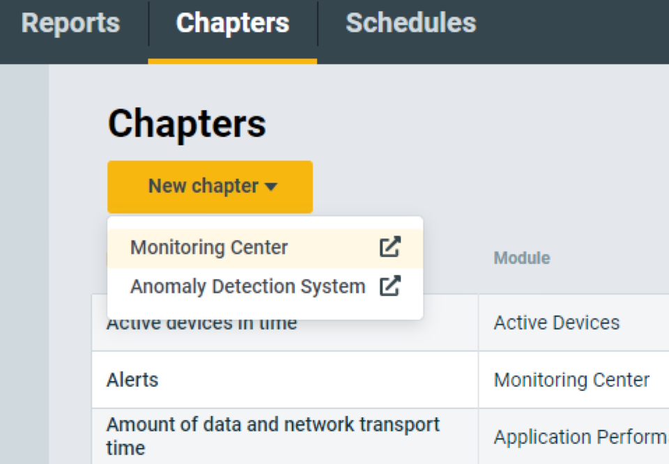 The updated Chapters UI in Flowmon 12 Reports