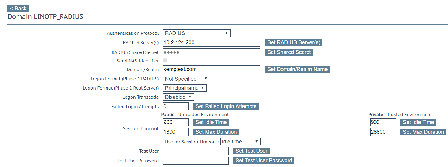 Kemp LoadMaster configuration for LinOTP endpoint RADIUS server