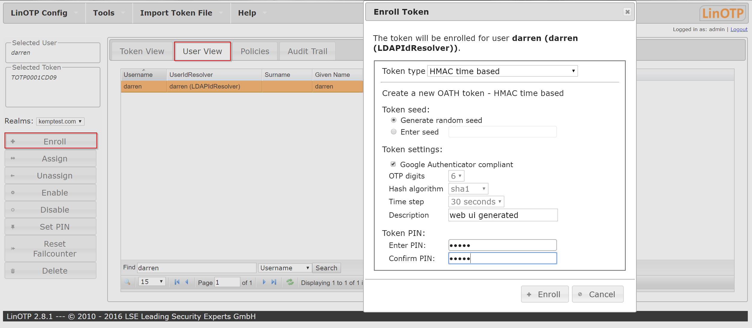 LinOPT instructions on how to enrol users using the Google Authenticator