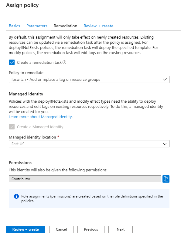 Figure 5. Configuring a Remediation Task and Managed Identity.