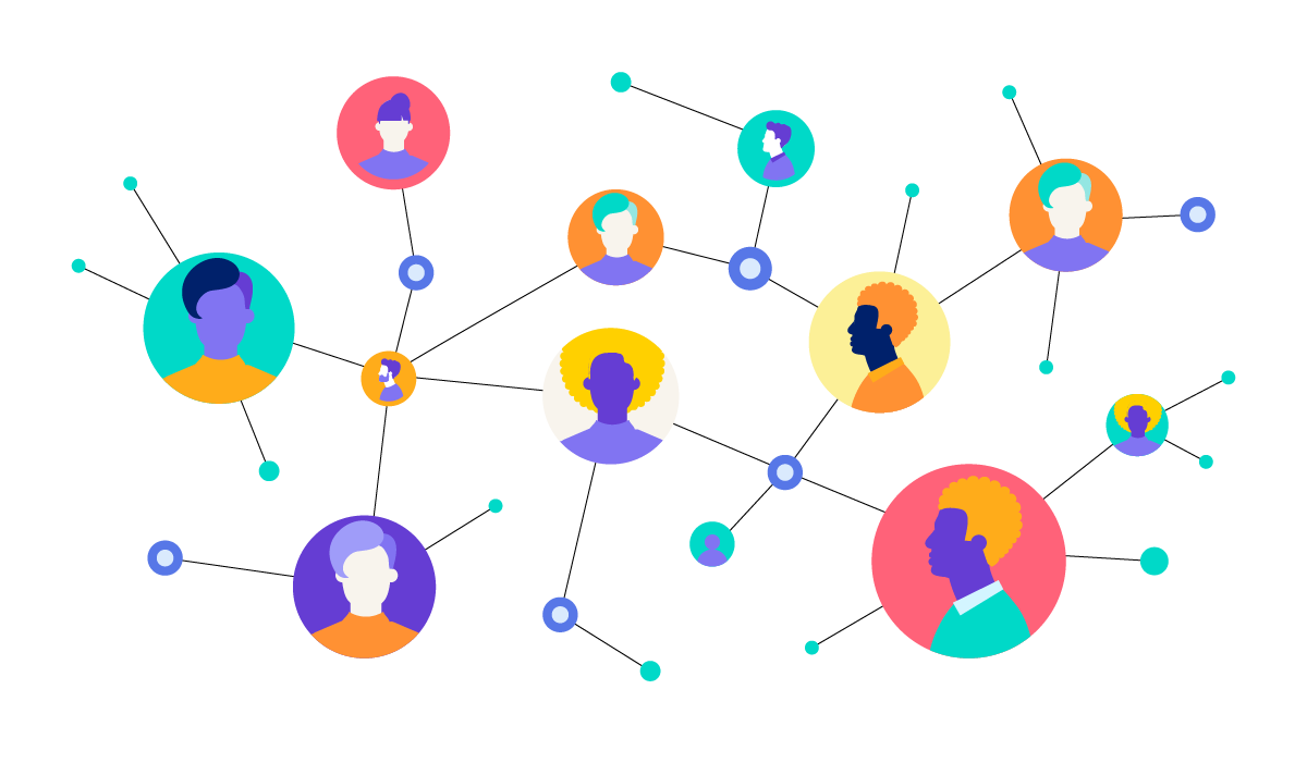 several colorful circles with random people in them